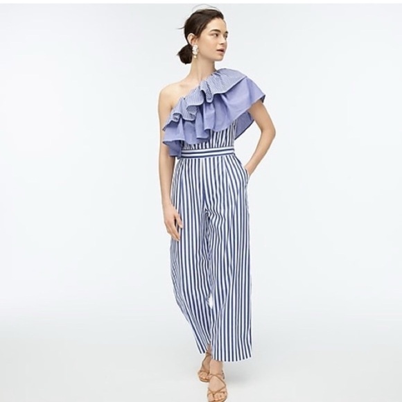 J. Crew One Shoulder Ruffle Jumpsuit Blue White Stripe 100% Cotton Size US 4 - Picture 1 of 16